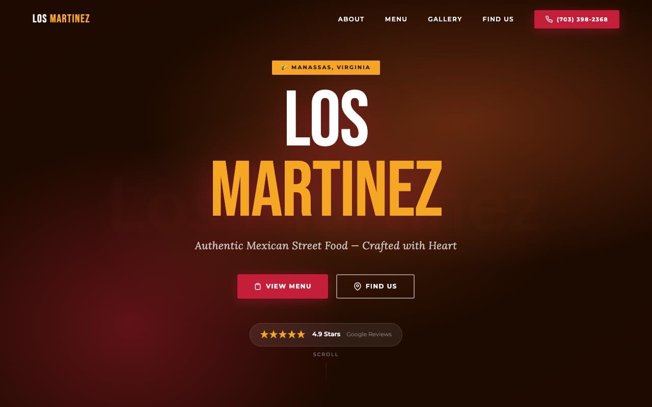 Homepage of the Los Martinez website, a restaurant business in Manassas, Virginia