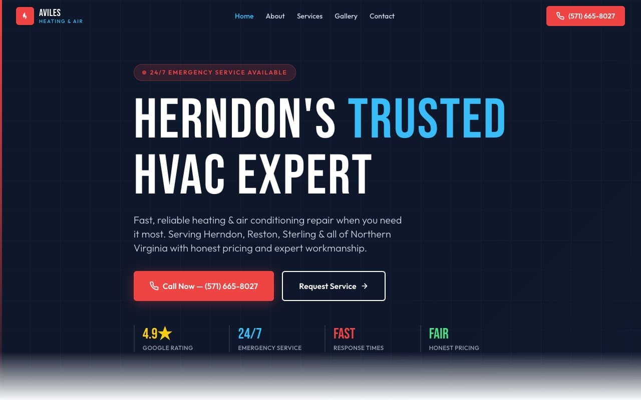 Homepage of the Aviles Heating & Air website, a hvac business in Herndon, Virginia