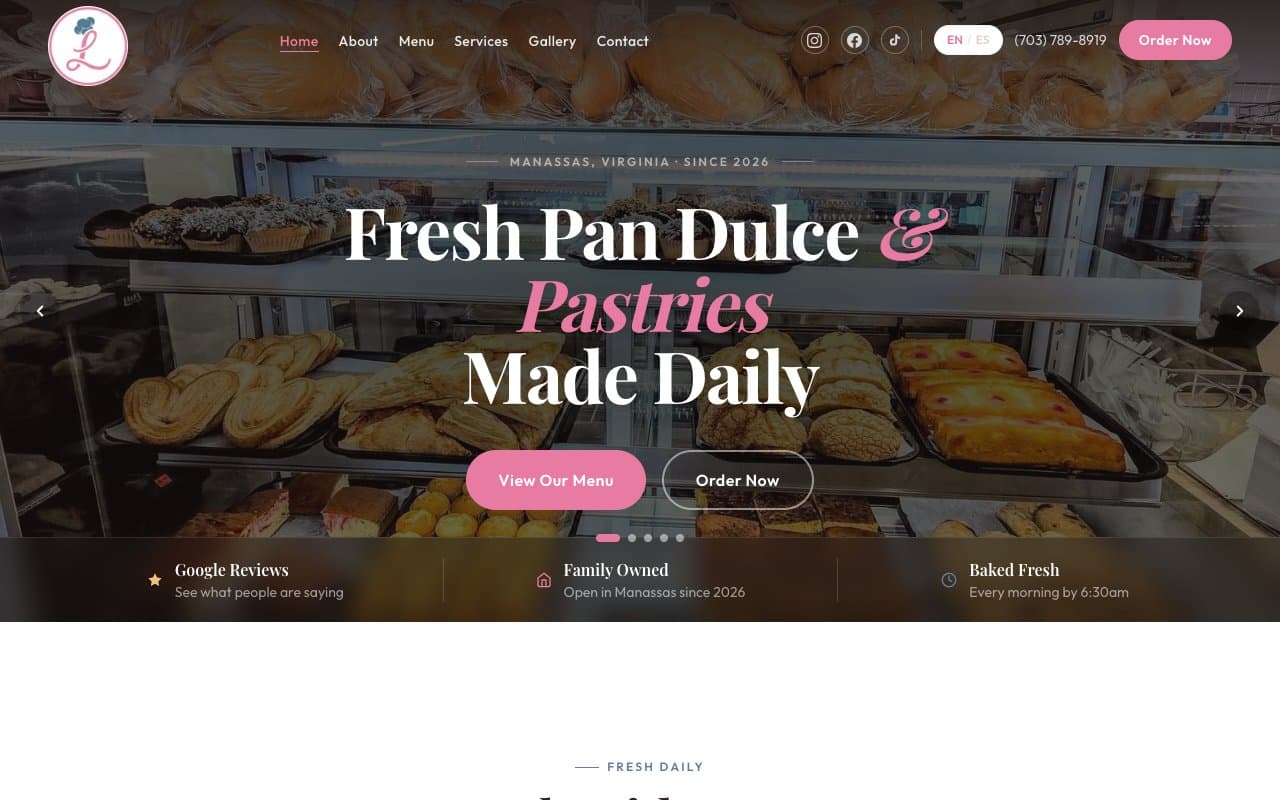Homepage of the Lorena's Bakery website, a bakery business in Fairfax, Virginia