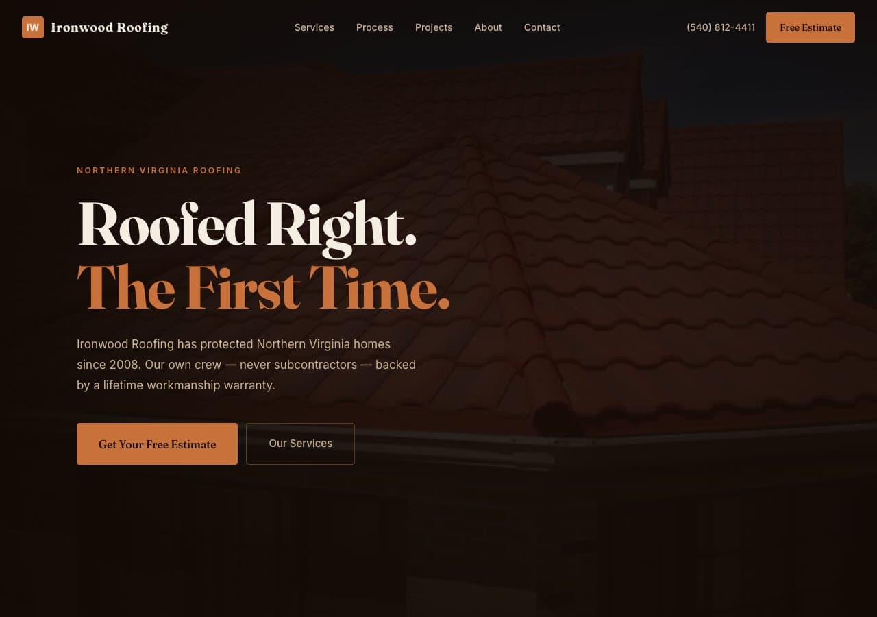 Homepage of the Ironwood Roofing website, a roofing business in Northern Virginia