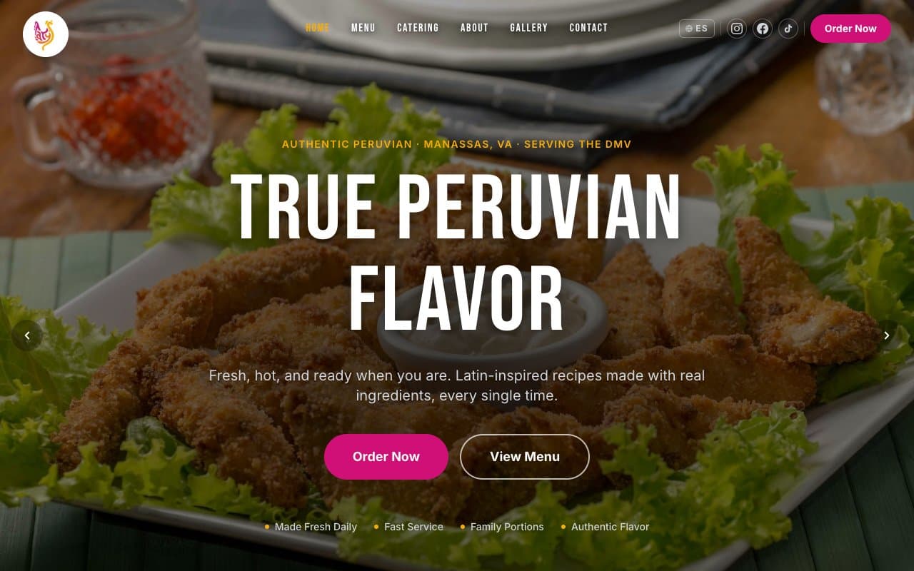 Homepage of the Taty's Chicken website, a restaurant business in Manassas, Virginia