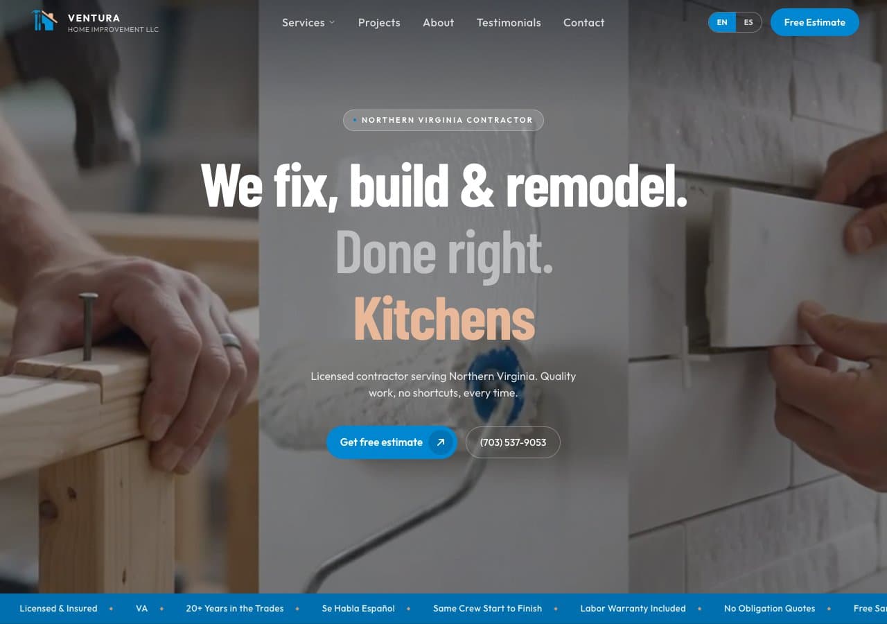 Homepage of the Ventura Home Improvement website, a remodeling business in Northern Virginia